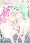  blue_eyes breasts cleavage dress green_eyes green_hair hatsune_miku head_wreath holding_hands leaning_forward long_hair matoki_misa medium_breasts megurine_luka multiple_girls pink_hair small_breasts twintails very_long_hair vocaloid 