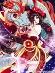  bad_id bad_pixiv_id breasts brown_hair chinese_clothes cleavage dragon eastern_dragon flower hair_flower hair_ornament joypyonn long_hair looking_at_viewer medium_breasts original ponytail red_eyes solo sousei_ragnavein 