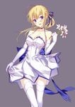  ahoge artoria_pendragon_(all) bare_shoulders blonde_hair blue_eyes blush breasts cleavage elbow_gloves fate/stay_night fate_(series) flower gloves grey_background holding holding_flower lily_(flower) long_hair medium_breasts miyazaki_byou ponytail saber simple_background smile solo thighhighs 