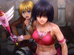  angry armin_arlert black_hair blonde_hair blue_eyes clenched_teeth gloves jacket midriff mikasa_ackerman muscle mutsuki_(moonknives) navel paradis_military_uniform shingeki_no_kyojin short_hair teeth wand 