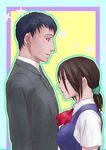  1girl bertolt_hoover border formal freckles from_side height_difference jpeg_artifacts kurokoshou necktie ponytail profile school_uniform shingeki_no_kyojin star suit vest ymir_(shingeki_no_kyojin) 