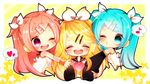  aqua_eyes aqua_hair blonde_hair chibi closed_eyes detached_sleeves hair_ornament hairclip hatsune_miku headset heart kagamine_rin long_hair mami_(sweetcandy) megurine_luka multiple_girls musical_note one_eye_closed open_mouth pink_eyes project_diva_(series) project_diva_f red_hair rin-chan_now!_(vocaloid) twintails very_long_hair vocaloid 