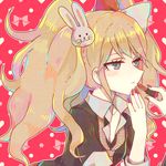  blue_eyes bow danganronpa danganronpa_1 enoshima_junko hair_ornament keroro7 lipstick long_hair makeup necktie pink_hair school_uniform sleeves_rolled_up solo twintails 