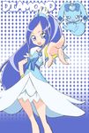  asymmetrical_clothes blue blue_background blue_bow blue_eyes blue_hair blue_skirt bow bracelet character_name choker cure_diamond diamond_(shape) dokidoki!_precure happy heart heartcatch_precure! highres hishikawa_rikka jewelry long_hair looking_at_viewer magical_girl open_mouth parody ponytail precure rakeru_(dokidoki!_precure) ribbon skirt solo standing style_parody yuuki_yura 