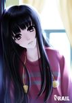  artist_name backlighting bangs black_hair blunt_bangs blurry brown_eyes casual character_request curtains depth_of_field looking_at_viewer original parted_lips rail_(silverbow) reflection solo window 