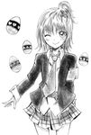  ;) belt blazer blush dress_shirt egg flat_chest greyscale hair_ornament hinamori_amu jacket looking_at_viewer microskirt monochrome necktie one_eye_closed plaid plaid_skirt pleated_skirt ribbon school_uniform seiyo_academy_uniform shirt short_hair shugo_chara! side_ponytail simple_background sketch skirt smile solo tsukikage_oyama upskirt white_background 