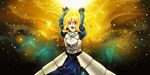  ahoge armor armored_dress artoria_pendragon_(all) bad_id bad_pixiv_id blonde_hair dress excalibur exec-rain fate/zero fate_(series) gauntlets glowing glowing_sword glowing_weapon green_eyes hair_ribbon ribbon saber solo sword weapon 