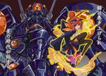  alternate_costume armor bad_end_precure bad_end_sunny black_bodysuit black_legwear bodysuit boots brown_background crossover donburimeshi fire five_star_stories flame full_body hair_bun hair_ornament high_heels long_hair looking_at_viewer machine machinery mecha orange_eyes orange_hair pantyhose precure simple_background smile_precure! solo translation_request vatshu_the_black_knight 