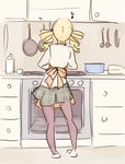  apron blonde_hair commentary cooking drill_hair from_behind highres kitchen mahou_shoujo_madoka_magica monorus musical_note oven pantyhose plaid plaid_skirt pun school_uniform sketch skirt solo tomoe_mami twin_drills twintails 