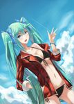  ass_visible_through_thighs bad_id bad_pixiv_id bikini black_bikini blue_eyes bracelet breasts cleavage cloud condensation_trail day dutch_angle echj front-tie_top green_hair hair_ribbon hand_in_pocket hatsune_miku innertube jacket jewelry long_hair medium_breasts navel off_shoulder open_clothes open_jacket open_mouth ribbon side-tie_bikini sky solo swimsuit transparent twintails very_long_hair vocaloid 