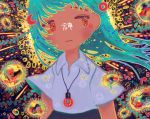  1girl abstract absurdres aqua_hair bacteria bangs collared_shirt crescent_moon glowing highres jewelry long_hair moon necklace no_nose original plant red_eyes saturn shirt short_sleeves sizucomaru solo upper_body white_shirt 