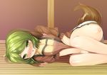  animal_ears between_legs blush breasts danbo_(rock_clime) green_eyes green_hair highres kasodani_kyouko large_breasts looking_at_viewer lying on_side open_mouth short_hair skirt solo tail touhou 