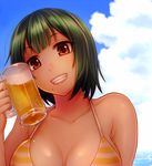  alcohol bad_id bad_pixiv_id beer beer_mug bikini bikini_top breasts cleavage cloud cup day green_hair grin holding holding_cup idolmaster idolmaster_(classic) large_breasts mole mole_under_mouth ocean otonashi_kotori red_eyes short_hair sky smile solo striped striped_bikini swimsuit tsukuru_(seki_sabato) water 