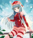  1girl animal_ears aqua_hair backlighting bangs bare_shoulders blue_sky blurry blurry_foreground blush breasts christmas closed_mouth cloud commentary day depth_of_field detached_sleeves dress eyebrows_visible_through_hair eyelashes facial_mark fake_animal_ears floating_hair fur-trimmed_sleeves fur_trim girls_frontline green_eyes hair_ornament hat highres hk416_(girls_frontline) holding holding_hair leg_ribbon long_hair long_sleeves looking_at_viewer medium_breasts niji_(rudduf232) outdoors plant railing red_dress red_hat red_ribbon ribbon santa_costume santa_hat sidelocks sitting sky snowing solo sunlight tareme thighs winter 