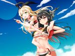  bare_shoulders bikini black_bikini black_hair blonde_hair blush breast_grab breasts carrying cleavage grabbing green_eyes hair_ornament hair_ribbon highres kantai_collection large_breasts long_hair multiple_girls nagato_(kantai_collection) navel open_mouth pointing red_eyes ribbon sandals shimakaze_(kantai_collection) shirihime shoulder_carry small_breasts smile swimsuit 