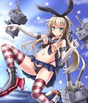  &gt;_&lt; :&gt; aqua_eyes black_neckwear black_panties blonde_hair breasts cannon closed_eyes elbow_gloves gloves hair_censor hair_ribbon kantai_collection long_hair miniskirt navel neckerchief panties rensouhou-chan ribbon shimakaze_(kantai_collection) skirt small_breasts striped striped_legwear sumapan thighhighs underwear 