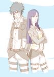  1boy 1girl alternative_clothing black_hair blue_hair crossed_arms crossing_arms crossover frown hyuuga_hinata menma_(naruto) naruto naruto:_road_to_ninja naruto_shippuuden pose shingeki_no_kyojin sketch snk 