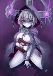  307_(aho307) :&lt; blush book bracelet breast_press breasts celtic_cross grey_hair groin jewelry large_breasts lich_(monster_girl_encyclopedia) looking_at_viewer monster_girl_encyclopedia naked_cloak pale_skin purple_eyes solo tattoo 
