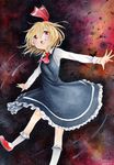  artist_name ascot blonde_hair blush color_ink_(medium) dated dress hair_ribbon highres ink_(medium) mosho open_mouth outstretched_arms red_eyes ribbon rumia short_hair smile solo touhou traditional_media watercolor_(medium) 