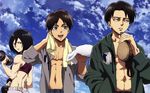  2boys abs absurdres artist_request black_hair dumbbell emblem eren_yeager flask green_eyes highres hood hoodie jacket levi_(shingeki_no_kyojin) midriff mikasa_ackerman multiple_boys muscle official_art open_clothes open_jacket scan shingeki_no_kyojin survey_corps_(emblem) towel 