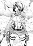  belt blood blood_on_face bloody_clothes crossover dual_wielding greyscale hairband holding idolmaster idolmaster_(classic) jacket kaisen_chuui mole mole_under_mouth monochrome otonashi_kotori paradis_military_uniform shingeki_no_kyojin short_hair solo sword thigh_strap three-dimensional_maneuver_gear weapon wire 