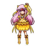  arm_up boots bow bubble_skirt circlet cosplay cure_muse_(yellow) cure_muse_(yellow)_(cosplay) expressionless frills full_body hair_bow hata_no_kokoro heart knee_boots long_hair lowres miruku_(jgmpta) pixel_art precure purple_eyes purple_hair skirt solo suite_precure touhou transparent_background yellow_bow yellow_skirt 