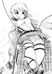  belt bob_cut boots crossover dual_wielding greyscale hagiwara_yukiho holding idolmaster idolmaster_(classic) jacket kaisen_chuui monochrome paradis_military_uniform shingeki_no_kyojin short_hair solo sword thigh_strap three-dimensional_maneuver_gear weapon wire 