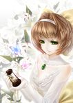  bow broken_glass brooch brown_hair elbow_gloves expressionless eyelashes flower glass gloves green_eyes hair_bow hairband highres holding hourglass jewelry lace lily_(flower) original rail_(silverbow) sand solo sparkle white white_gloves 
