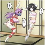  animal_ears bdsm black_hair bondage bound bra breasts bunny_ears bunny_tail cloth_gag crotch_rope gag gagged highres hopping humiliation improvised_gag inaba_tewi jam-orbital large_breasts long_hair midriff multiple_girls navel over_the_nose_gag panties pink_bra pink_panties purple_hair red_eyes reisen_udongein_inaba rope short_hair tail tape tape_gag thighhighs touhou underwear underwear_only white_legwear 