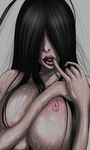  1girl artist_request black_hair breasts finger_to_mouth hair_over_eye hair_over_eyes hair_over_one_eye inverted_nipples jagi_(nexboy) large_breasts lips lipstick makeup nipples sadako solo the_ring thick_lips wet yamamura_sadako 