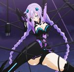  armor arms_up bangs bdsm black_legwear blue_eyes bondage bound bound_arms bound_legs bound_torso braid breasts cable cleavage cleavage_cutout covered_navel flipped_hair gloves glowing greaves hair_between_eyes hair_ornament hips leotard long_hair looking_down magical_girl medium_breasts neon_trim neptune_(choujigen_game_neptune) neptune_(series) one_eye_closed parted_lips power_symbol purple_hair purple_heart screencap sidelocks slender_waist spread_legs suspension symbol-shaped_pupils thighs tied_up turtleneck twin_braids vambraces very_long_hair watermark wince 