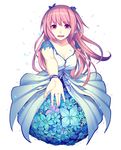  breasts cleavage dress flower hair_flower hair_ornament kimura_daisuke looking_at_viewer medium_breasts open_mouth original outstretched_arm petals pink_eyes pink_hair smile solo two_side_up 