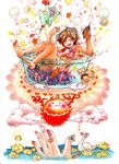  ^_^ barefoot bath bikini bird brown_hair bubble closed_eyes elephant fang fingernails flower hair_flower hair_ornament highres lotus nail_art nail_polish original scenery short_hair skirt smile solo star sun surreal swan swimsuit water water_gun yuutaro_5 