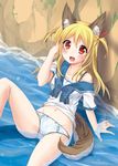  animal_ears blonde_hair blush bow collarbone fang fox_ears fox_tail hand_in_hair highres leg_up long_hair looking_at_viewer midriff navel no_pants off_shoulder open_mouth original oruto_(ort+) panties red_eyes shirt short_sleeves sitting smile solo tail two_side_up underwear water wet wet_clothes wet_panties wet_shirt white_panties 