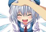  blush bow cirno closed_eyes fang hair_bow hand_on_own_head ice ice_wings ma-yu open_mouth out_of_frame petting pov pov_hands ribbon short_hair silver_hair smile solo_focus touhou upper_body wings 