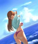  13th_clown 1girl ass beach bikini breasts brown_eyes brown_hair dead_or_alive kasumi kasumi_(doa) large_breasts long_hair looking_back ocean solo swimsuit tecmo undressing water 