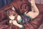  463_jun alternate_hairstyle animal_ears ass barefoot bed bottomless cat_ears cat_tail couch dress hair_down kaenbyou_rin long_hair lying multiple_tails nekomata off_shoulder on_stomach red_eyes red_hair ribbon smile solo tail touhou 