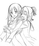  :d aida_mana blush closed_eyes dokidoki!_precure glomp greyscale half_updo happy hishikawa_rikka hug hug_from_behind long_hair monochrome morukon multiple_girls open_mouth precure school_uniform short_hair sketch smile 