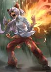  amayadori-tei fire fujiwara_no_mokou hair_ribbon long_hair pink_hair red_eyes ribbon solo standing suspenders touhou 