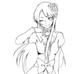  alternate_costume choker dress earrings flower formal greyscale hair_flower hair_ornament happy heartcatch_precure! jewelry long_hair looking_at_viewer monochrome one_eye_closed precure ribbon rose simple_background sketch smile solo tsukikage_oyama tsukikage_yuri white_background 