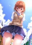  aircraft airplane bad_id bad_pixiv_id bag blush brown_eyes brown_hair building city cloud condensation_trail day from_below hair_ornament hairclip highres lamppost misaka_mikoto paper_bag school_uniform short_hair shorts shorts_under_skirt skirt sky solo sweater_vest swordsouls to_aru_kagaku_no_railgun to_aru_majutsu_no_index wavy_mouth 