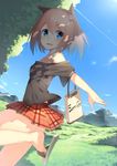  7zu7 animal_ears bare_shoulders blue_eyes brown_hair cat_ears day grass original sandals short_hair skirt sky smile solo 