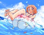  :o amezawa_koma barefoot blush feet fish innertube kotoura-san kotoura_haruka looking_at_viewer open_mouth orange_eyes orange_hair short_hair solo swimsuit v-shaped_eyebrows water 