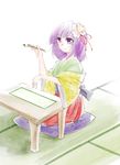  brush flower hair_ornament hieda_no_akyuu highres japanese_clothes kakao_(noise-111) kimono purple_eyes purple_hair scroll sitting smile solo table touhou 