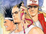  1girl 3boys 90s andy_bogard bandanna black_hair blonde_hair blue_eyes brown_hair cap fan fatal_fury illustration joe_higashi king_of_fighters knot kof mori_toshiaki multiple_boys neo_geo ninja official_art oldschool rope shiranui_mai snk terry_bogard 