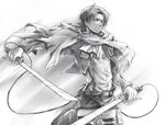  ascot cape china_00000 dual_wielding greyscale holding jacket levi_(shingeki_no_kyojin) male_focus monochrome paradis_military_uniform shingeki_no_kyojin solo sword three-dimensional_maneuver_gear weapon 