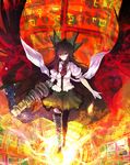  alternate_weapon arm_cannon asagi_(kabocha_oukoku) bad_id bad_pixiv_id black_hair black_wings bow brooch cape expressionless full_body gem green_skirt hair_bow highres jewelry long_hair looking_at_viewer magic red_eyes reiuji_utsuho skirt smile solo text_focus thighhighs third_eye touhou walking weapon wings zettai_ryouiki 