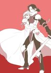  armor blade christa_renz hinboku holding hug knight multiple_girls ponytail princess protecting red red_background shingeki_no_kyojin ymir_(shingeki_no_kyojin) 