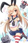  &gt;_&lt; :3 anchor anchor_hair_ornament ayakashi_(monkeypanch) black_panties blonde_hair blush brown_eyes closed_eyes danboo elbow_gloves gloves hair_ornament hairband highres kantai_collection long_hair looking_at_viewer navel one_eye_closed panties rensouhou-chan shimakaze_(kantai_collection) skirt solo star striped striped_legwear thighhighs triangle_mouth underwear white_gloves yotsubato! 