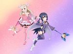  ankle_boots bad_id bad_pixiv_id black_hair blue_hair boots elbow_gloves fate/kaleid_liner_prisma_illya fate_(series) gloves highres illyasviel_von_einzbern kaleidostick long_hair magical_girl miyu_edelfelt multiple_girls penq prisma_illya red_eyes silver_hair thigh_boots thighhighs wand white_hair 